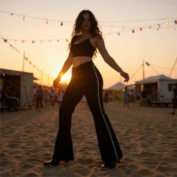 Black Icicle Gaze Flare Pants by Poster Grl – Silver Stripe Statement NWT XS - Picture 4 of 5